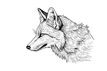 Fox logotype mascot hand drawn ink sketch. Vector illustration in engraving style.