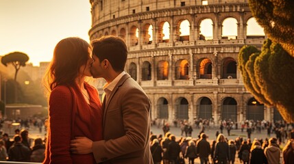 A Sweet Couple Kissing at Rome. Saint Valentine's day