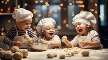 Happy Family Funny Kids Are Preparing The Dough, Bake Cookies In The Kitchen