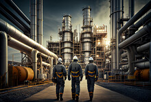 View Of A Group Of Workers In The Petrochemical Industry. Workers In Helmets And Overalls Are Among The Oil And Gas Pipelines Of The Plant. AI Generative.
