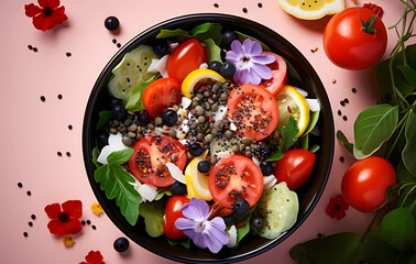 Wall Mural - a colorful vegan vegetarian salad in a bowl with black olives and sunflowers