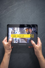 Wall Mural - top view of digital tablet with search job on screen in male hands.