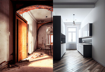 Apartment or room before and after renovation. Renovation concept. AI generative.