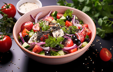 Wall Mural - a vegan vegetarian bowl full of salad with olives, tomatoes, and red onion