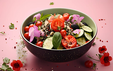 Wall Mural - vegan vegetarian bowl of vegetables with flowers and quinoa sitting on a pink background