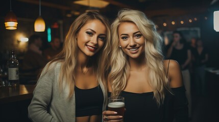 2 Beautiful Girls at the Bar Drinking some Cocktails. Elegant & Sexy Dress.