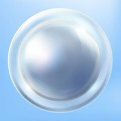 Transparent round glass button inside pearl blue molecule. isolated on a blue background. 3d vector illustration.