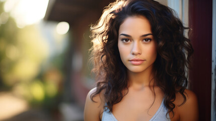 Naklejka na meble Smiling attractive hispanic young woman looking at the camera