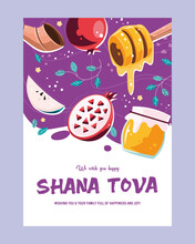 Shana Tova Honey And Pomegranate Greeting Card Design, Healthy Organic Food Sweet And Nature Theme Vector Illustration