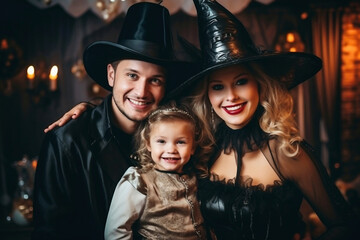 Wall Mural - happy family mother father and children in costumes and makeup on a celebration of Halloween.