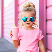 Little Girl With Sunglasses Wearing Pink Shirt Mockup Holding A Pink Smoothie