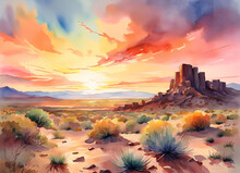 Watercolor Painting Of New Mexico Desert At Sunset