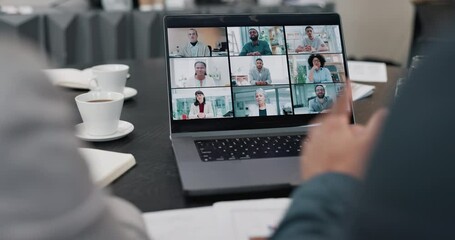 Aufkleber - Business people, video conference and laptop screen for meeting, online presentation and wave in team discussion. Computer, virtual communication and global webinar with digital call on technology