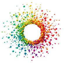 Circle Banner With Colorful Rainbow Balls In Different Sizes For Kids Theme On Transparent Background. Abstract Composition With Multicolored Flying Spheres With Empty Place For Your Text. PNG File