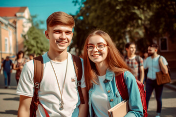 boy and girl met on campus after vacation, back to school