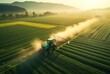 A tractor drives across a green field and sprays poisons at dawn by Generative AI