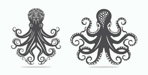 Octopus silhouette design on white background. Aquatic animals. Vector illustration Set.