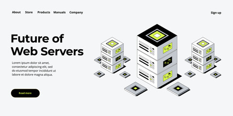 Wall Mural - Hosting server isometric vector illustration. Abstract 3d datacenter or data center room background. Network mainframe infrastructure website header layout. Computer storage or farming workstation.