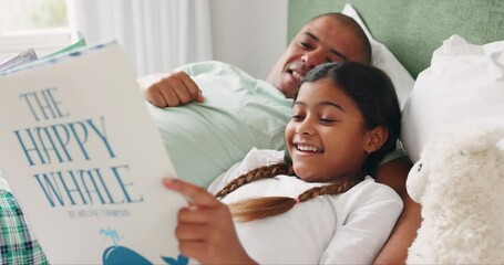 Wall Mural - Bed, girl and father reading a book, smile and home with happiness, quality time and fantasy with education. Family, female kid and male parent with child, storytelling in a bedroom and creativity