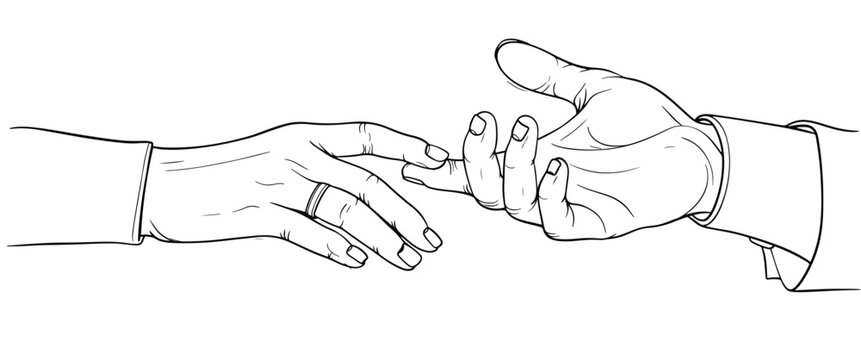 Line art vector illustration of a pair of  couple hands with wedding rings, wedding, engagement illustration