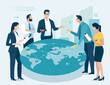 © bizvector - Global trade, investing. The team has a discussion at a round table with a map of the Earth. Business vector illustration.