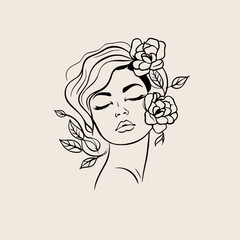 Poster - Woman Line Art Minimalist Logo. Nature Organic Cosmetics Makeup. Flower head Feminine Illustration line drawing. Woman face with flowers line