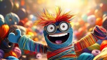 Cheerful Multi-colored Monster Made Of Threads. Funny Yarn Toy With Big Eyes And Open Mouth With Tongue. Cartoon Character. The Joy Of Meeting. Design For Banner, Flyer, Poster, Cover Or Brochure.