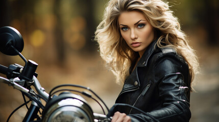 Canvas Print - Stylish Woman Enjoying a Ride on Her Motorcycle