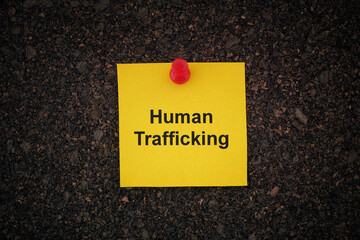 Wall Mural - A yellow paper note with the words Human Trafficking on it pinned to a cork board