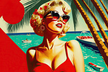 Blonde Pin Up Girl Wearing Trendy Accessories On The Beach. 60s Style Advertising Poster