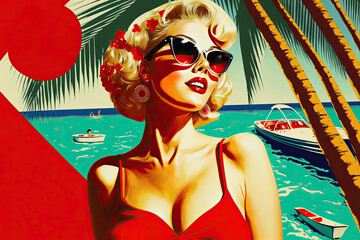 Blonde pin up girl wearing trendy accessories on the beach. 60s style advertising poster