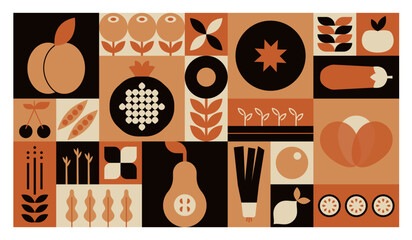 Wall Mural - Geometric mosaic food pattern. Natural fruit vegetable plants, simple minimal restaurant menu design. Vector background