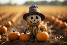 Halloween Pumpkin Scarecrow On A Wide Field With The Sun