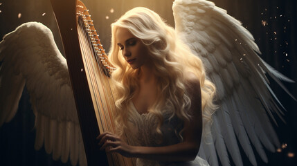 Beautiful Blonde Woman Playing the Harp with Angelic Grace