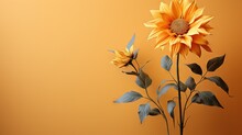  A Yellow Flower With Green Leaves In A Vase On An Orange Background.  Generative Ai