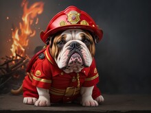 English Bulldog Dressed As A Fire Chief. AI Generated.