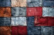 Colorful Scrappy Quilt, patch work fabric textile, patchwork from blue indigo denim jeans cloth, close up flat lay, canvas surface texture