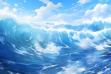 Wall Mural - Ocean in blue and white in the style of anime art created with Generative AI technology  