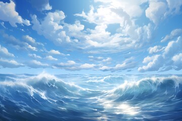 Ocean in blue and white in the style of anime art created with Generative AI technology  