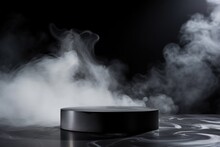 Round Black Podium With Smoke On Dark Background, Mock Up For Montage And Products Display