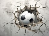 Fototapeta Perspektywa 3d - Sport soccer ball coming in cracked wall with grunge texture. Created with Generative AI technology.