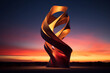 a towering abstract sculpture, sharp lines and edges, bathed in the glow of the setting sun