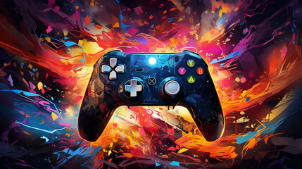 Wall Mural - a console controller morphing into a mythical beast, vibrant colors, cosmic background, mid - transformation, dynamic and fluid shapes, glowing, electrifying energy, surreal