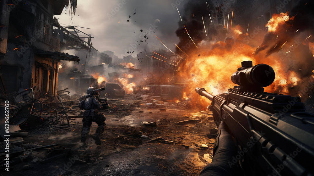 Action packed scene from a first - person shooter game, player's ...