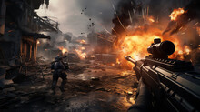 Action Packed Scene From A First - Person Shooter Game, Player's Perspective, Hyper - Realistic, High Detail Weapon In Foreground, Enemy In Crosshairs, Battlefield Environment, Smoke, Debris, Dramatic