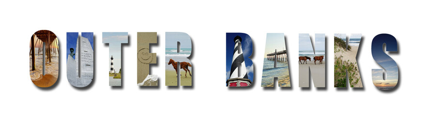 Wall Mural - Collage of images from the North Carolina Outer Banks, text isoated on white