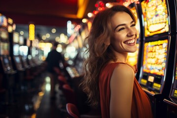 young woman posing next to slot machines in a casino