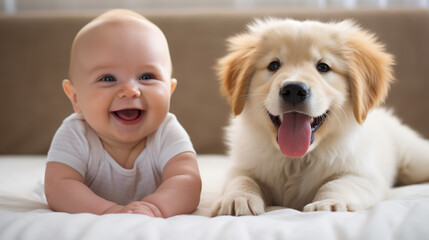 Wall Mural - Adorable Baby and Playful Puppy