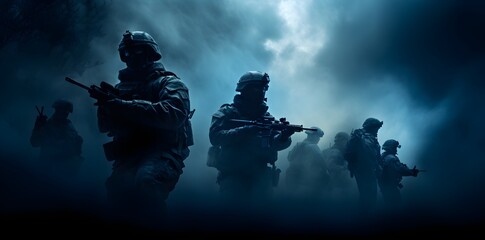 Call of duty special forces soldiers wallpaper. Isolated figures, misty atmosphere created with Generative AI technology 