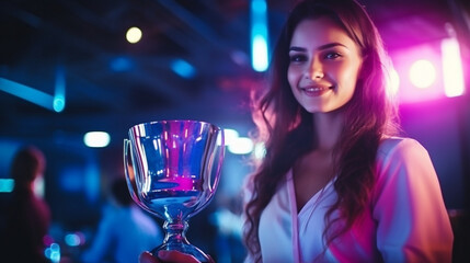 Poster - Victorious Gamer: Young Woman Holding Trophy Prize